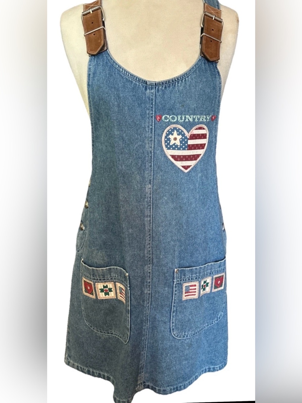 Vintage Haiks Denim Jumper Dress Americana Country Motif Buckle Straps Size SM